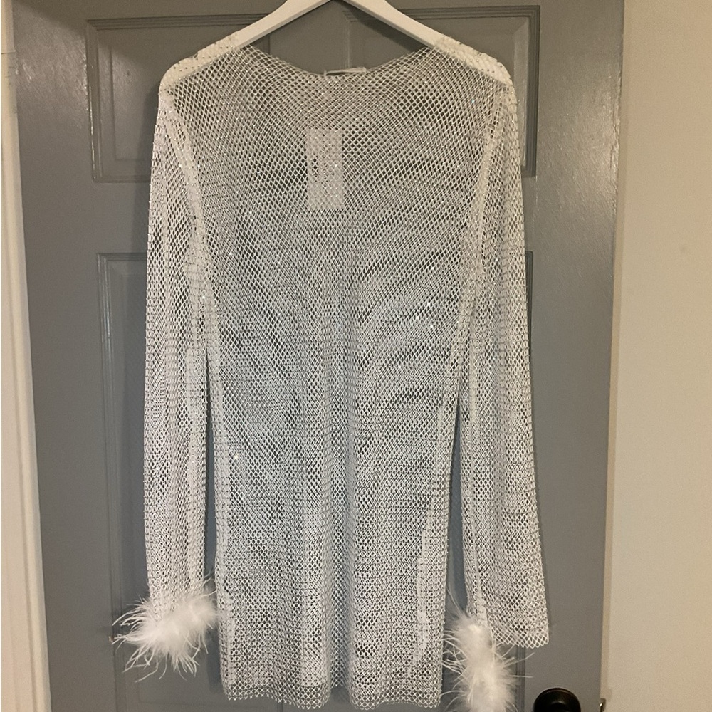 White Mesh Long Sleeve Dress with Feather Cuffs